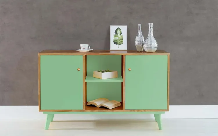 APARADOR BUFFET COM PRATELEIRA E 2 PORTAS PUXADOR BOLINHA CELESTE NÓZES E VERDE SÁLVIA 133X40X79,5 CM
