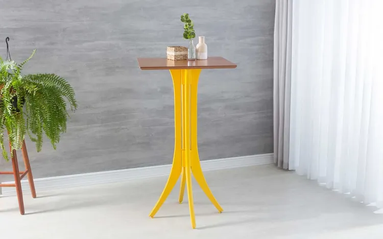 MESA DE MADEIRA MACIÇA ALTA GOURMET QUADRADA JULIETTE 60x60X107CM JATOBÁ E AMARELO