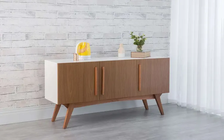 BALCÃO BUFFET PARA SALA DE JANTAR 3 PORTAS DOLORES BRANCO COM FREIJÓ E JATOBÁ 135x35x64,7 CM