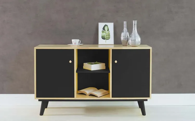 APARADOR BUFFET COM PRATELEIRA E 2 PORTAS PUXADOR BOLINHA CELESTE  - NATURAL E PRETO 133X40X79,5 CM