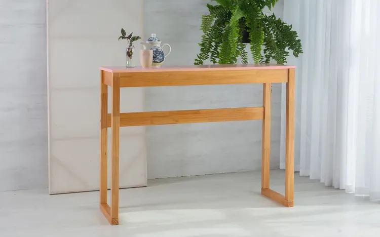 MESA GOURMET DE MADEIRA TAEDA COM TAMPO MDF MACIÇO OLGA VERNIZ NÓZES E ROSA BEBÊ 120X43X93,5CM