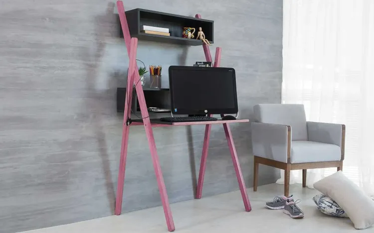 ESCRIVANINHA PARA QUARTO FEMININO COM PRATELEIRA E NICHOS PRETA E LILÁS SUE WOODINN 87x62x158 CM