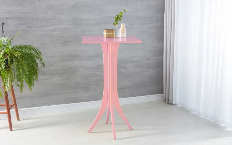 MESA ALTA BAR DE MADEIRA MACIÇA GOURMET QUADRADA JULIETTE 60x60X107CM LACA ROSA BEBÊ