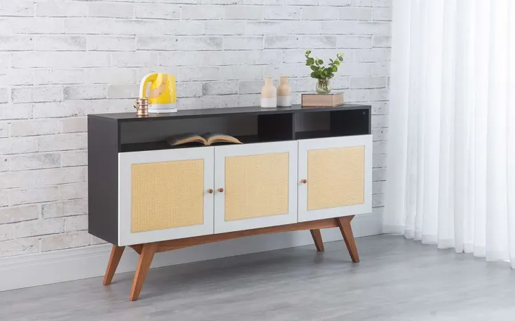 ARMÁRIO BUFFET PARA SALA DE JANTAR 3 PORTAS DE PALHINHA COM NICHO DOLORES PRETO COM BRANCO E JATOBÁ 135x35x79 CM