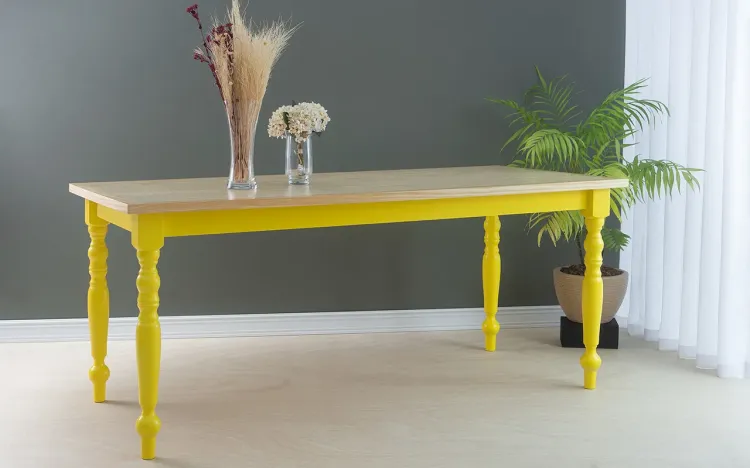 MESA DE JANTAR MADEIRA PARA 8 LUGARES CAMPESINA 180X80X75 CM TAMPO NATURAL PÉS LACA AMARELO