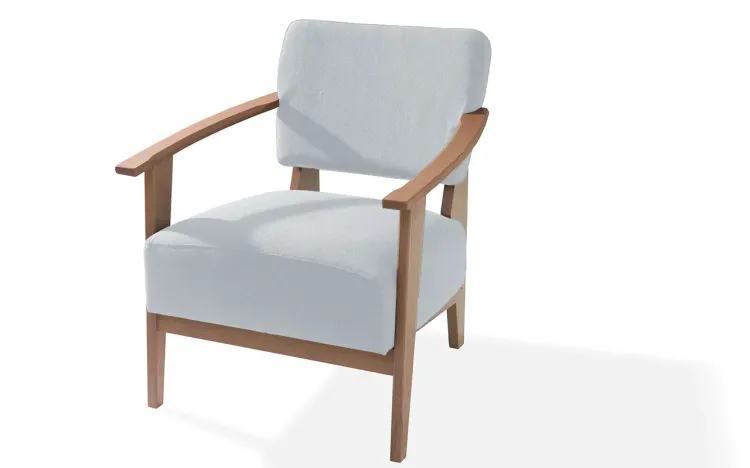 POLTRONA DECORATIVA DE MADEIRA ESTOFADA COM BRAÇOS  SAMAMBAIA - POLTRONA PARA RECEPÇÃO COR CINZA CLARO VERNIZ AMENDOA TEC.915 - 72x66x82 CM