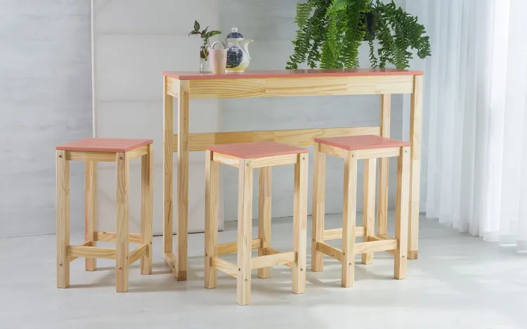 CONJUNTO GOURMET DE MADEIRA TAEDA COM TAMPO MDF MACIÇO OLGA VERNIZ NATURAL E ROSA CORAL 120CM