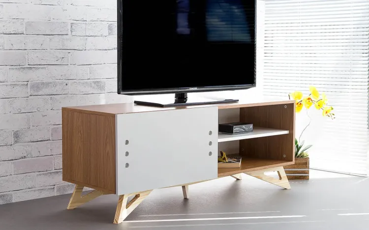 RACK TV MODERNO RETRÔ VINTAGE FREDDIE 1200 MDF FREIJÓ PÉS MADEIRA TAEDA PORTA DE CORRER CINZA 120x43,6x48,5 CM