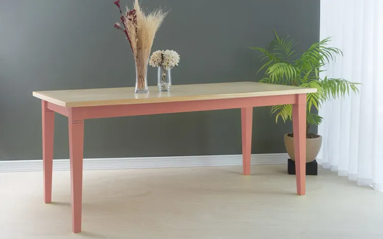 MESA DE MADEIRA JANTAR FRISO 180X80X75 CM TAMPO NATURAL PÉS LACA ROSA CORAL