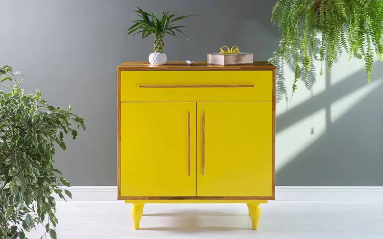 BALCÃO COM GAVETA E 2 PORTAS SIDERAL NÓZES E AMARELO 90X40X98 CM