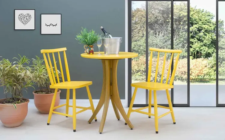 CONJUNTO BISTRÔ MESA E 2 CADEIRAS REDONDA JULIETTE VERNIZ AMÊNDOA E AMARELO
