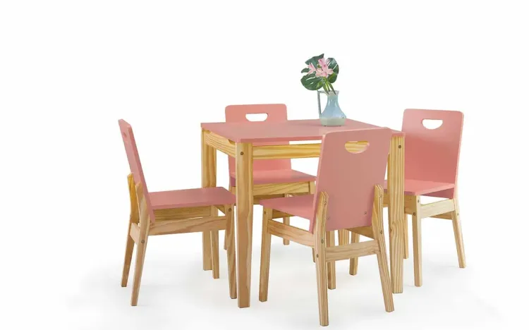 MESA COM CADEIRAS TUCUPI 80CM ACABAMENTO STAIN NATURAL E ROSA CORAL