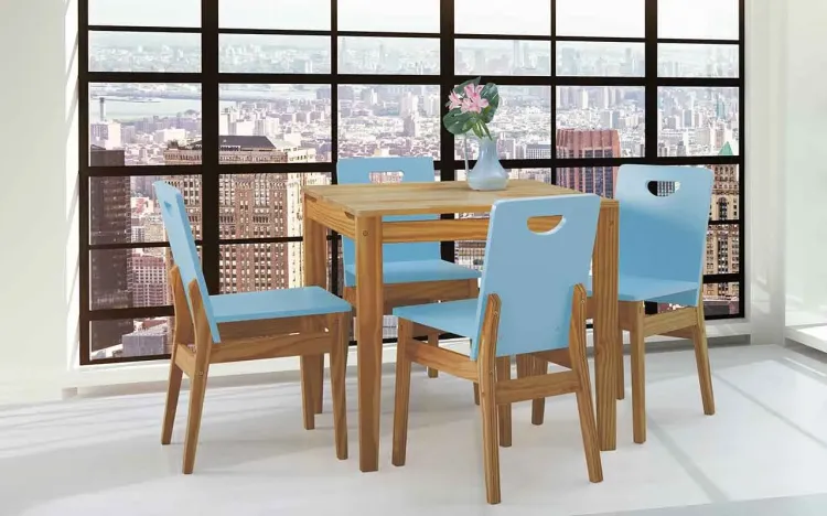 SALA DE JANTAR COM MESA E 4 CADEIRAS TUCUPI 80CM ACABAMENTO STAIN NÓZES E AZUL BEBÊ