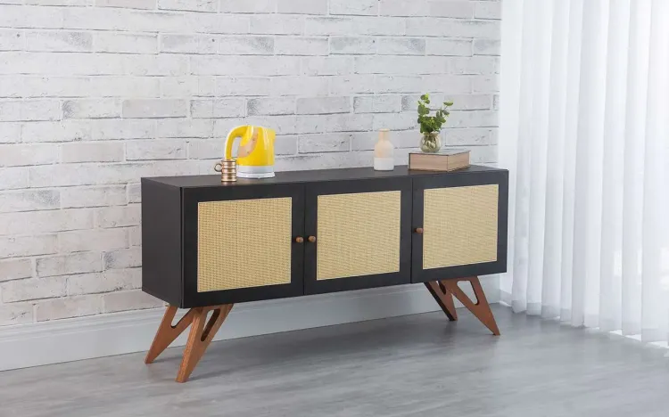 BALCÃO BUFFET 3 PORTAS DE PALHINHA PARA SALA DE JANTAR FREDDIE PRETO E JATOBÁ 135x35x64,7 CM