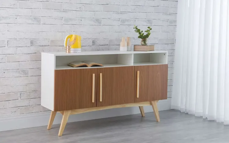 BALCÃO BUFFET 3 PORTAS PARA SALA DE JANTAR COM NICHO DOLORES BRANCO COM FREIJÓ E TAEDA 135x35x79 CM