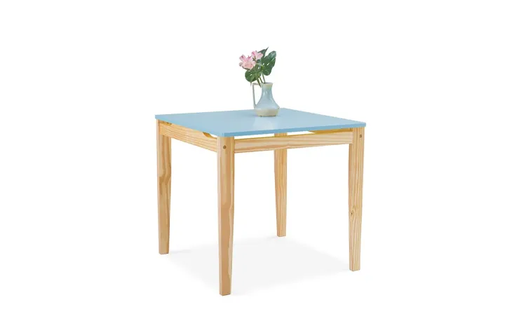 MESA DE JANTAR DE MADEIRA MACIÇA TUCUPI ACABAMENTO STAIN NATURAL E AZUL BEBÊ 80X80X76CM 