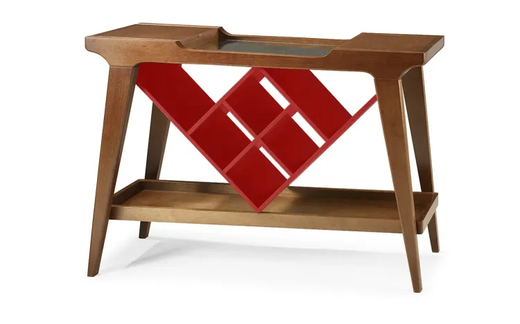 APARADOR COM ADEGA GOURMET BAR DE MADEIRA COM TAMPO ESPELHADO PUBI VERNIZ PINHÃO E VERMELHO 130X33X90CM
