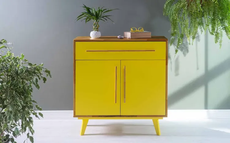 BALCÃO DE MADEIRA COM GAVETA E 2 PORTAS CELESTE NÓZES E AMARELO 90X40X98 CM