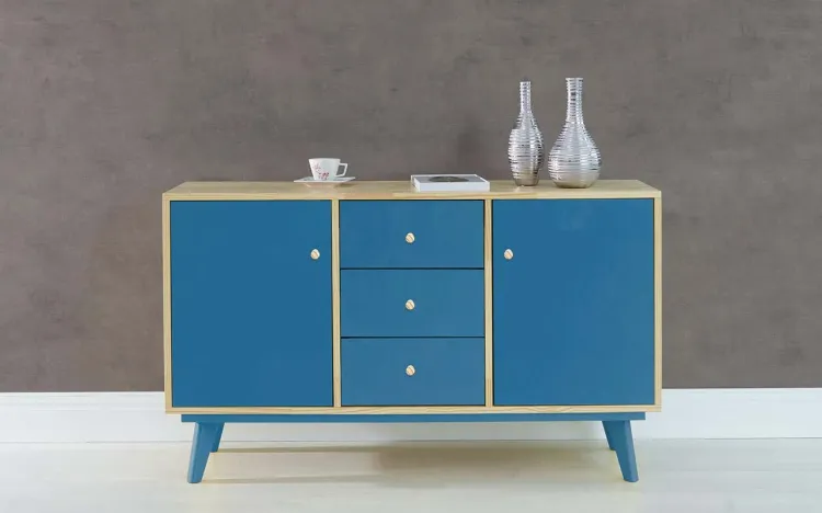 BALCÃO BUFFET COM GAVETA E 2 PORTAS PUXADOR BOLINHA CELESTE - NATURAL E AZUL 133X40X79,5 CM