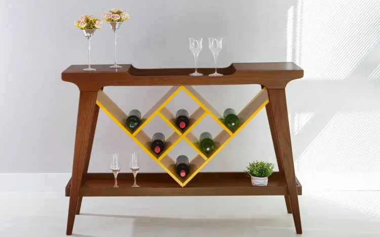 BALCÃO COM ADEGA GOURMET DE MADEIRA MACIÇA COM TAMPO ESPELHADO PUBI VERNIZ CAPUCCINO E AMARELO 130X33X90CM