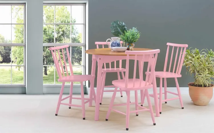 MESA DE JANTAR REDONDA 4 CADEIRAS MIMO 90CM VERNIZ JATOBÁ E LACA ROSA BEBÊ