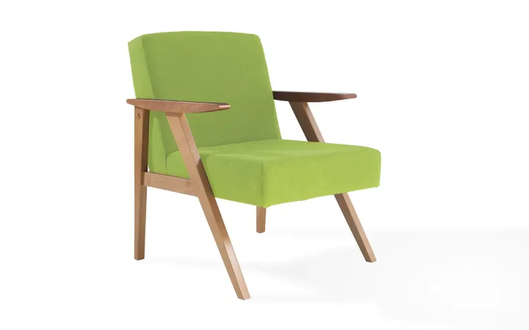 POLTRONA DESIGN DE MADEIRA ESTOFADA COM BRAÇOS VERDE THÉO VERNIZ AMENDOA TEC.942 - 63x71x83 CM
