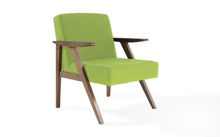 POLTRONA PARA SALA COM BRAÇOS PÉS DE MADEIRA ESTOFADA COR VERDE THÉO VERNIZ CAPUCCINO TEC.942 - 63x71x83 CM