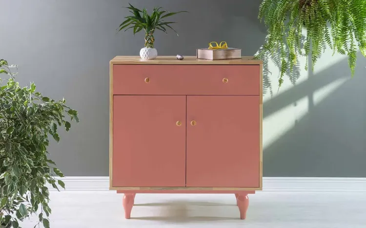 ARMÁRIO COM GAVETA E 2 PORTAS SIDERAL PUXADOR BOLINHA NATURAL E ROSA CORAL 90X48X98 CM