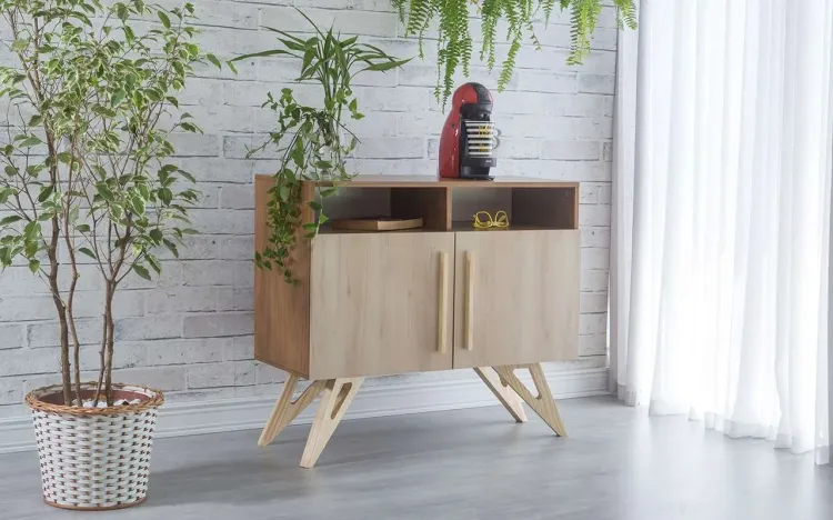 BUFFET PÉS PALITO COMPACTO 2 PORTAS FAIA MADEIRADO MDF FREIJÓ COM NICHOS 90x35x79 CM