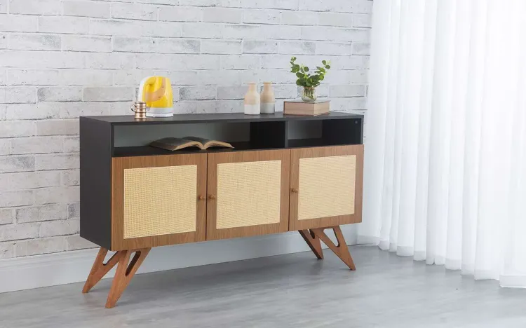 BALCÃO BUFFET PARA SALA DE JANTAR 3 PORTAS DE RATTAN COM NICHO FREDDIE PRETO COM FREIJÓ E JATOBÁ 135x35x79 CM