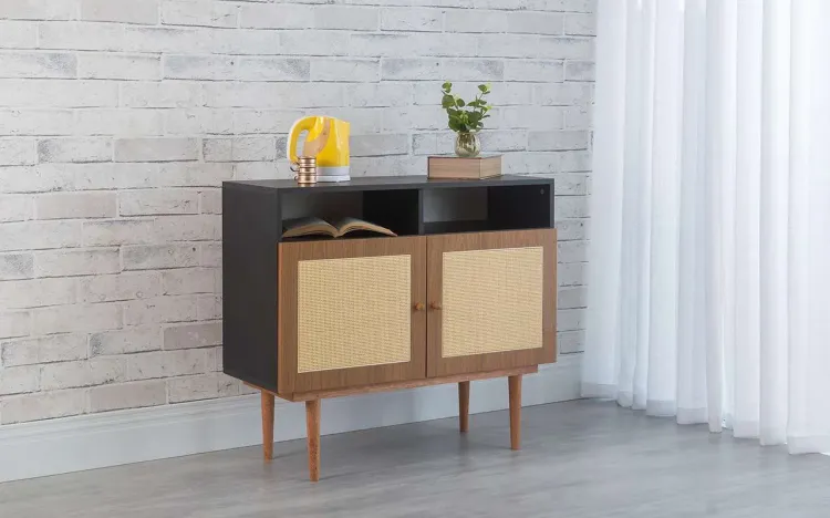 BALCÃO 2 PORTAS COM RATTAN COM NICHO CHARLIE PRETO COM FREIJÓ E JATOBÁ 90x35x79 CM