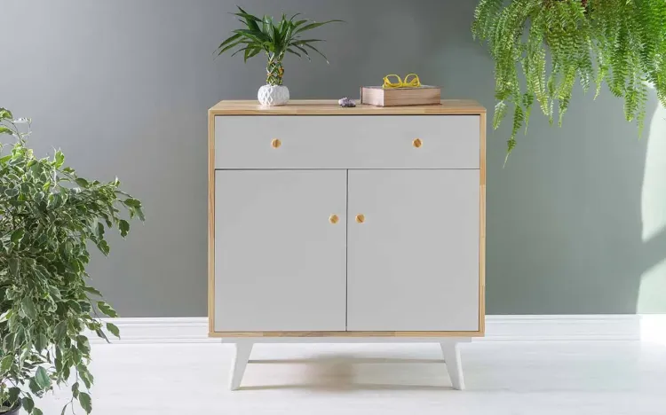 BALCÃO DE MADEIRA COM GAVETA E 2 PORTAS CELESTE PUXADOR BOLINHA NATURAL E BRANCO 90X40X98 CM