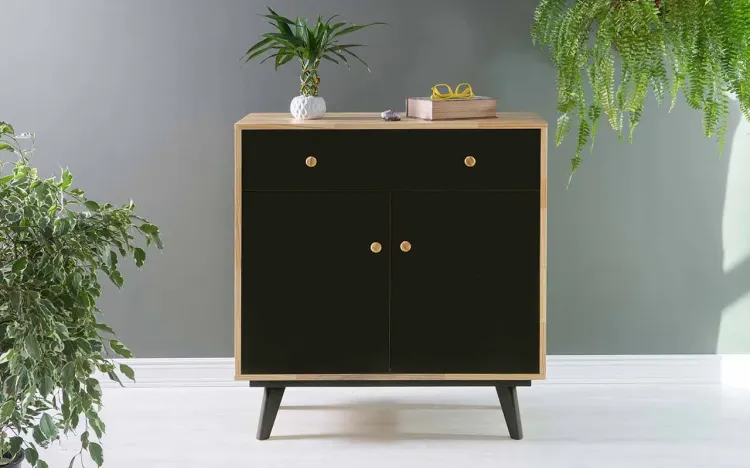 ARMÁRIO COM GAVETA E 2 PORTAS CELESTE PUXADOR BOLINHA NATURAL E PRETO 90X40X98 CM