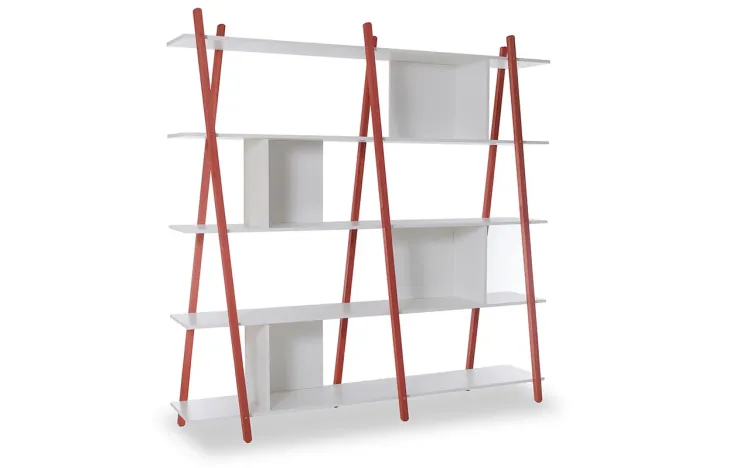 ESTANTE PARA SALA BRANCA MODERNA 5 PRATELEIRAS COM PÉS DE MADEIRA COR VERMELHA SUE 180X38X180 CM
