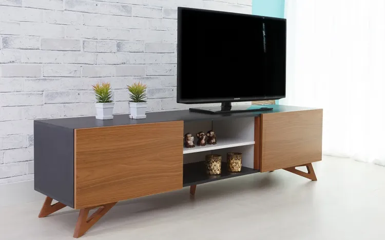 RACK TV PRETO MODERNO VINTAGE RETRÔ COM 2 PORTAS FREIJÓ FREDDIE - 180x43,6x48,5 CM