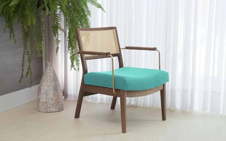 POLTRONA DECORATIVA COM METAL LAVANDA AÇO DOURADO VERNIZ CAPUCCINO TEC.950 AZUL TURQUESA 63,5X64X78 CM