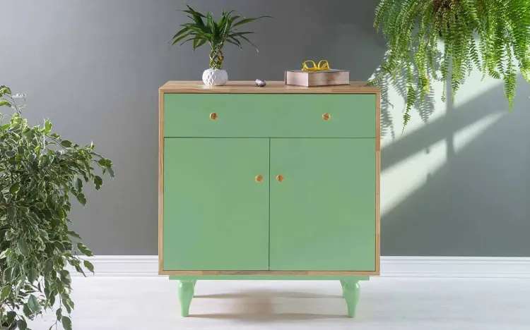 APARADOR COM GAVETA E 2 PORTAS SIDERAL PUXADOR BOLINHA NATURAL E VERDE SÁLVIA 90X48X98 CM