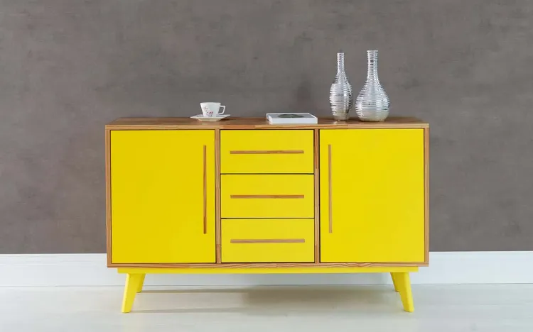 ARMÁRIO PÉS PALITO COM GAVETA E 2 PORTAS CELESTE NÓZES E AMARELO 133X40X79,5 CM