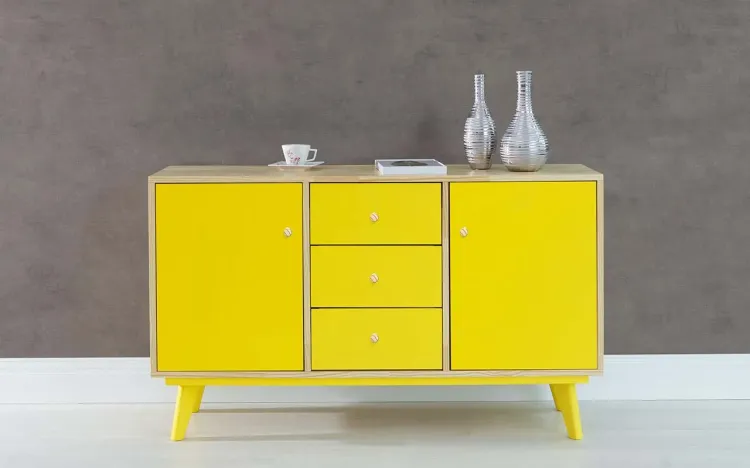 ARMÁRIO 2 PORTAS COM GAVETA PUXADOR BOLINHA CELESTE - NATURAL E AMARELO 133X40X79,5 CM