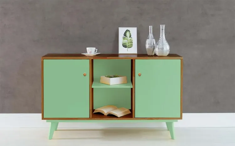 ARMÁRIO 2 PORTAS COM PRATELEIRA PUXADOR BOLINHA CELESTE CAPUCCINO E VERDE SÁLVIA 133X40X79,5 CM