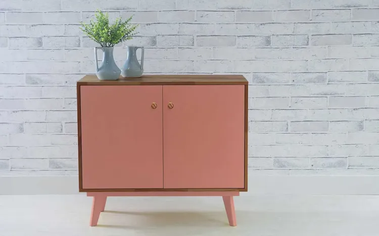 BALCÃO BUFFET COM PRATELEIRA E 2 PORTAS PUXADOR BOLINHA CELESTE CAPUCCINO E ROSA CORAL 90X40X79,5 CM
