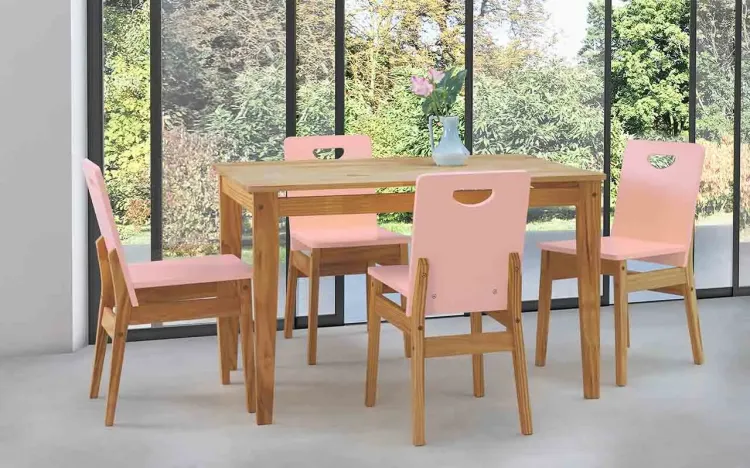 MESA COM CADEIRAS TUCUPI 120CM ACABAMENTO STAIN NÓZES E ROSA BEBÊ