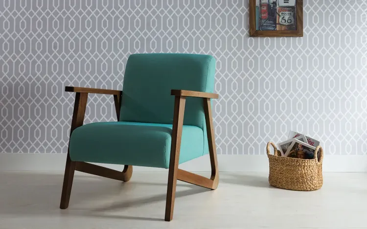 POLTRONA PARA QUARTO POLTRONA INDIVIDUAL DE MADEIRA ESTOFADA COR TURQUESA VERNIZ CAPUCCINO TEC.950 LIS 72X81X81 CM