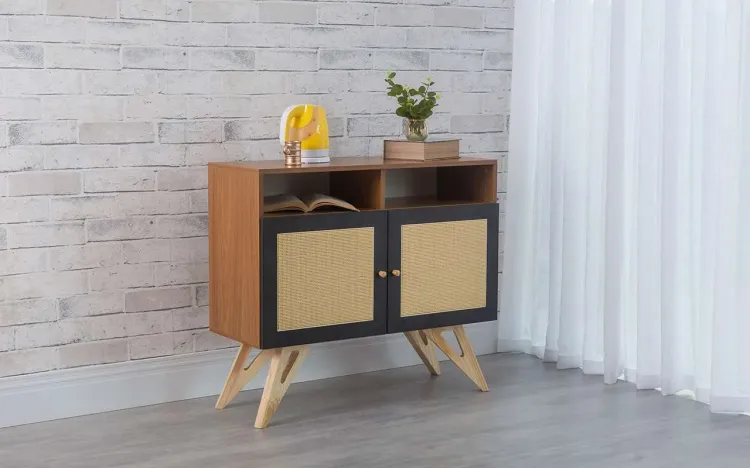 BALCÃO BUFFET 2 PORTAS DE PALHINHA PARA SALA DE JANTAR COM NICHO FREDDIE FREIJÓ COM PRETO E TAEDA 90x35x79 CM