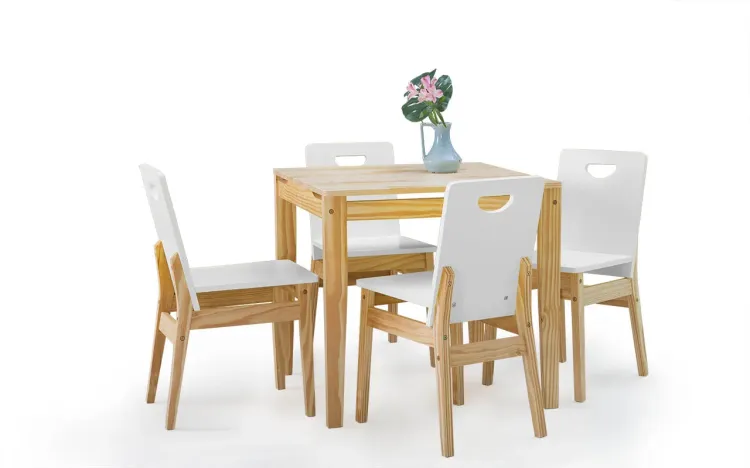 MESA COM 4 CADEIRAS DE JANTAR TUCUPI ACABAMENTO NATURAL E LACA BRANCO 80CM