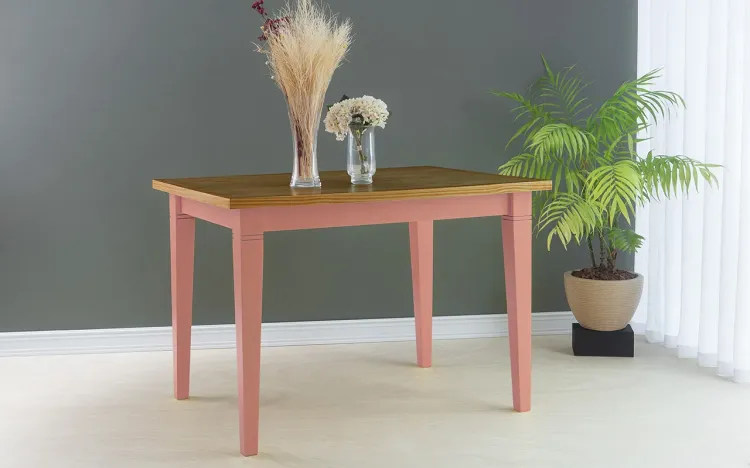 MESA DE JANTAR COM PÉS COLORIDOS FRISO 110X80X75 CM TAMPO CAPUCCINO PÉS LACA ROSA CORAL