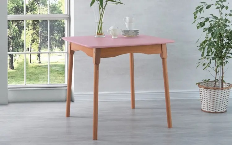 MESA VINTAGE MADEIRA MACIÇA MIMO BASE VERNIZ JATOBÁ E TAMPO LACA ROSA BEBÊ 80X80X76CM