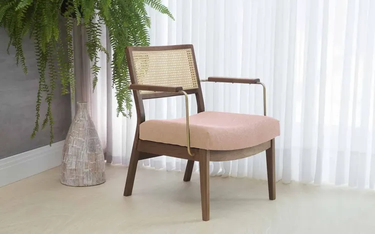 POLTRONA PARA RECEPÇÃO COM PALHINHA ROSA LAVANDA AÇO DOURADO VERNIZ CAPUCCINO TEC.169 ROSA 63,5X64X78 CM