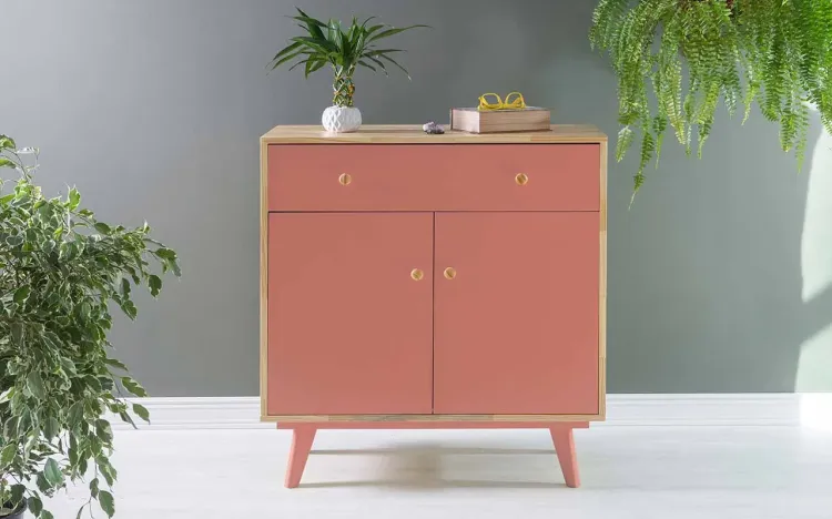 ARMÁRIO 2 PORTAS COM GAVETA CELESTE PUXADOR BOLINHA NATURAL E ROSA CORAL 90X40X98 CM