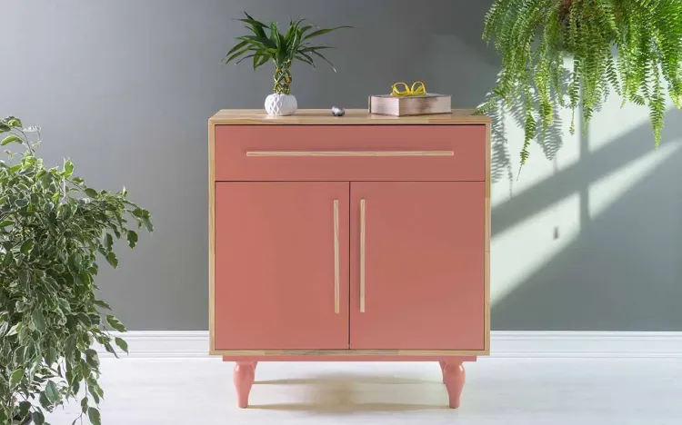 ARMÁRIO MULTIUSO COM GAVETA E PORTAS SIDERAL NATURAL E ROSA CORAL 90X40X98 CM